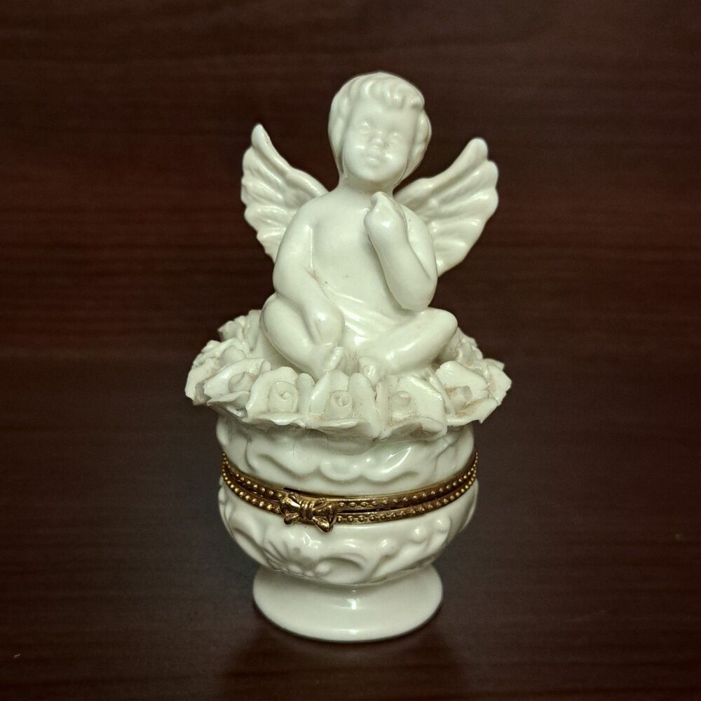 Vintage Cherub Angel Flowers Hinged Trinket Box Porcelain